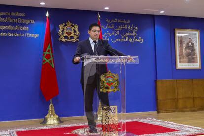 El ministro de Exteriores marroquí, Naser Burita, en una intervención sobre al acuerdo de pesca con la UE, el miércoles en Rabat.