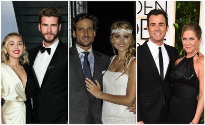 De izquierda a derecha: Miley Cyrus y Liam Hemsworth, Feliciano López y Alba Carrillo y Justin Theroux y Jennifer Aniston.