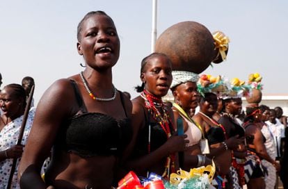 Dancers dressed in traditional South Sudanese clothing perform during the Pope's arrival in Juba on Friday.