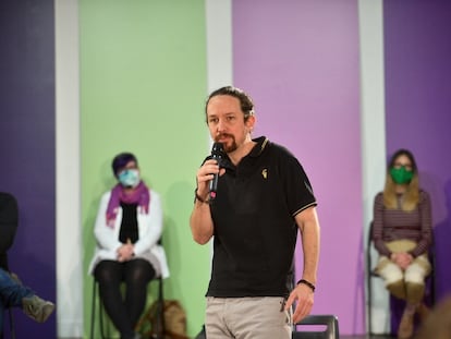 El candidato de Unidas Podemos a las elecciones madrileñas, Pablo Iglesias, el domingo en un mitin.