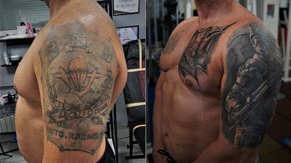 A la izquierda, el tatuaje soviético ensalzando el Ejército Rojo que lucía Roman Marchenko hasta este año; a la derecha, el nuevo de las Fuerzas Especiales de Ucrania con el que lo ha tapado