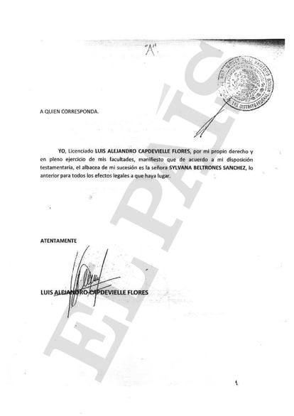 Documento sin fechar en el que el editor Luis Alejandro Capdevielle designa como albacea a la senadora del PRI Sylvana Beltrones. 
