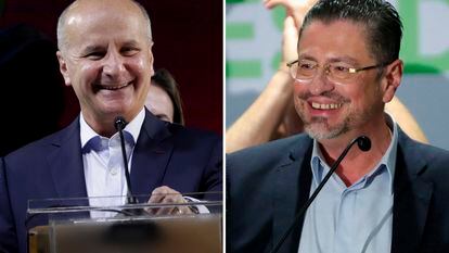 Los candidatos a la presidencia de Costa Rica: José María Figueres (izquierda) y Rodrigo Chaves, celebran su paso a la segunda vuelta electoral.