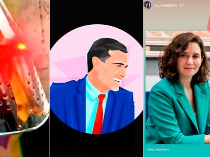 Tres imágenes vinculadas a memes de los políticos Santiago Abascal, Pedro Sánchez e Isabel Díaz Ayuso.