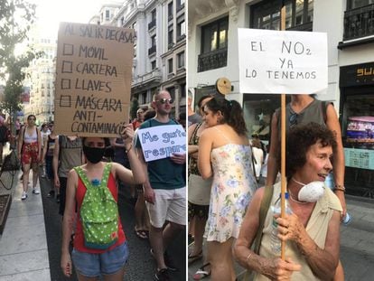 Pancarta de la izquierda: "Al salir de casa: móvil, cartera, llaves, máscara anticontaminación". A la derecha: "El NO2 ya lo tenemos".