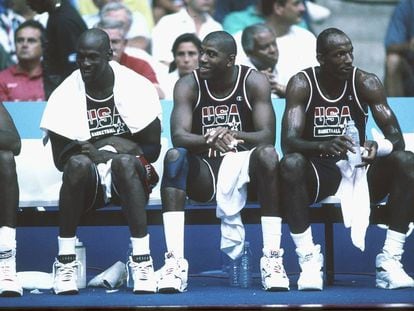 Michael Jordan, Magic Johnson i Clyde Drexler, en els Jocs de 1992.