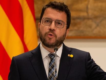 El presidente de la Generalitat, Pere Aragonès, el jueves en una comparecencia en Barcelona.