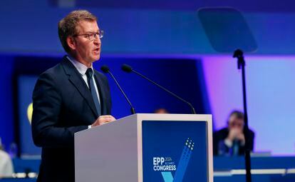 Feijóo, during his speech at the European PP congress in Bucharest, this Thursday.