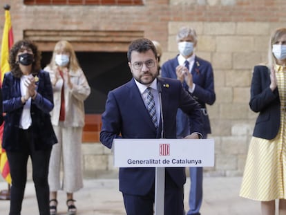 El presidente catalán, Pere Aragonès, durante el acto de conmemoración del 1-O en Barcelona, este viernes.