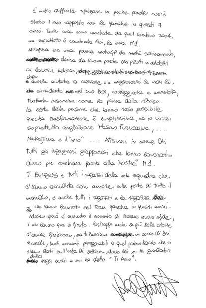 Nota de despedida escrita en italiano por Valentino Rossi.