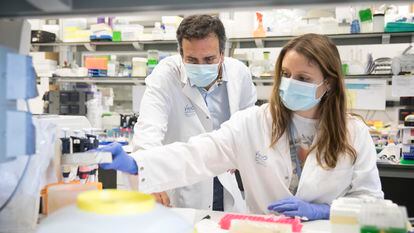 El profesor ICREA Joan Seoane y una investigadora científica del Vall d'Hebron Institut d'Oncologia analizan muestras de pacientes con cáncer en uno de sus laboratorios.