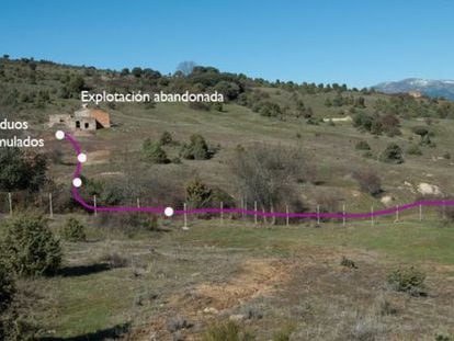La mina abandonada en Guadalix. La l&iacute;nea morada marca el recorrido del agua de lluvia y los puntos blancos, las zonas donde se tomaron las muestras.