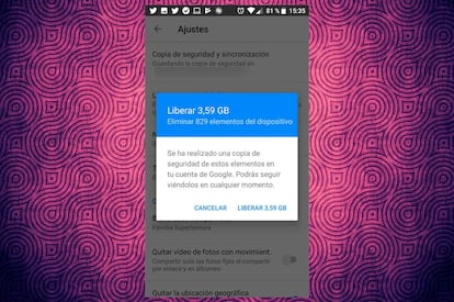 Esa es precisamente la respuesta que nos da la aplicación de forma proactiva, al calcular las fotos de las que disponemos que están dupliacadas con copia en la nube de Google. Ahora sólo tenemos que ver la cantidad de gigas que vamos a recuperar, y pulsar sobre "liberar X gigas o megas". lo demás ocurrirá de forma automática.