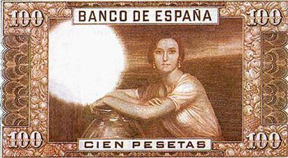 Repruduccón de un antiguo billete de cien pesetas en el que aparece el cuadro <i>La chiquita piconera</i>.