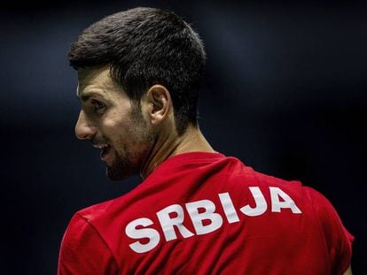 Djokovic, durante un entrenamiento de Serbia en la Caja Mágica.