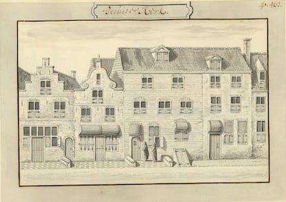 Dibujo de la iglesia jesuita oculta en un ático junto a la casa de Vermeer en Delft.