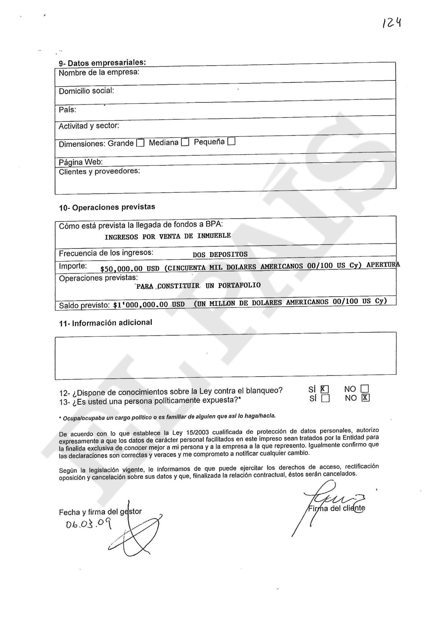 Segunda página del documento know your client (conozca a su cliente, en inglés) que rellenó en la Banca Privada d'Andorra (BPA) para abrir una cuenta en marzo de 2009 la senadora del PRI Sylvana Beltrones.