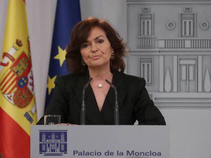 Carmen Calvo, vicepresidenta del Gobierno, tras la reunión mantenida en La Moncloa entre Pedro Sánchez y Quim Torra.