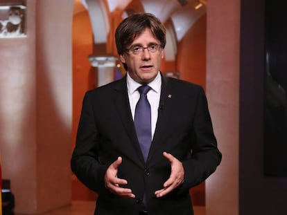 El president Puigdemont, aquest dissabte durant el seu discurs institucional