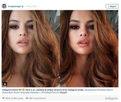 El maquillador de Selena subió a Instagram dos versiones de una misma foto de la cantante, una sin retocar y otra retocada.
