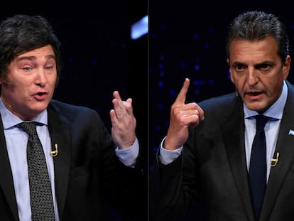 Los candidatos presidenciales de Argentina Javier Milei y Sergio Massa, durante el último debate previo a los comicios.