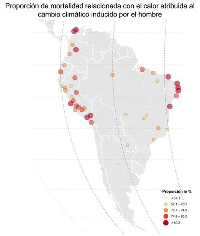 El estudio muestra que son las ciudades de América Latina las que tienen una mayor mortalidad provocada por el calor antropogénico. Bogotá o Lima se acercan al 90% de riesgo relativo.