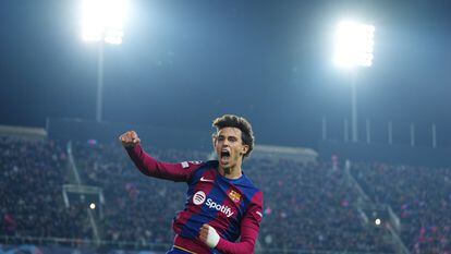 BARCELONA, SPAIN - NOVEMBER 28: Joao Felix of FC Barcelona celebrates after scoring the team's second goal during the UEFA Champions League match between FC Barcelona and FC Porto at Estadi Olimpic Lluis Companys on November 28, 2023 in Barcelona, Spain. (Photo by Aitor Alcalde - UEFA/UEFA via Getty Images)