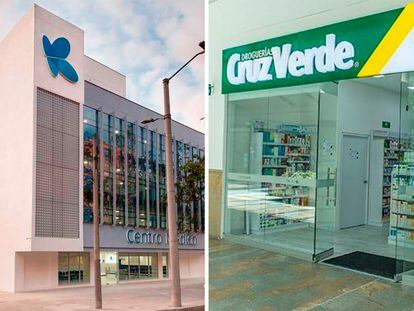 Un centro médico de Sanitas y una farmacia Cruz Verde, en imágenes de redes sociales.