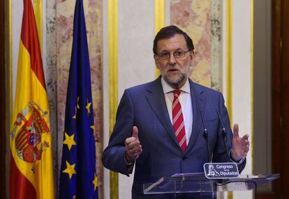El presidente del Gobierno, Mariano Rajoy, hoy en la rueda de prensa del Congreso.