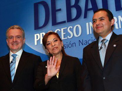 Los tres aspirantes a la candidatura del PAN (de izquierda a derecha) Santiago Creel, Josefina V&aacute;zquez Mota y Ernesto Cordero.