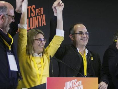 Celebraciones por el resultado en la noche electoral de Junts Per Catalunya. Con Jordi Turull, Josep Rull, Elsa Artadi y Eduard Pujol.   