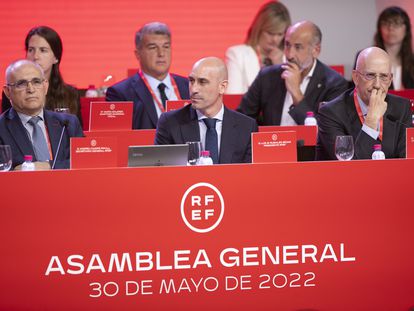 , Luis Rubiales (C), durante la Asamblea General de la RFEF celebrada este lunes en Madrid.