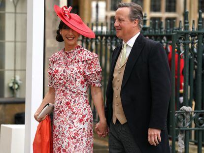 David Cameron and Samantha Cameron, wearing a Jess Collet headdress, during the coronation of Charles III, on May 6, 2023.