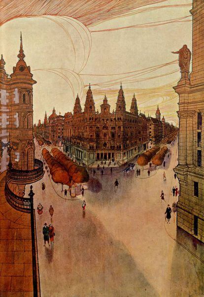 La futura avenida de Alfonso XIII, que iría desde Bilbao hasta la Puerta de Toledo, con edificios eclécticos y señoriales.