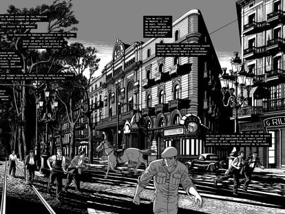 Interior del cómic 'Estampas 1939', con guion de Felipe Hernández Cava y dibujos de Miguel Navia.