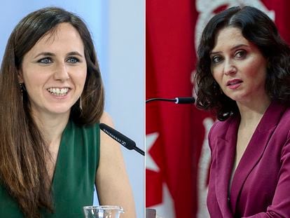 Combinación de imágenes de la ministra de Asuntos Sociales, Ione Belarra (izquierda) y la presidenta de la Comunidad Autónoma de Madrid, Isabel Díaz Ayuso.