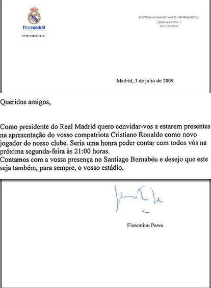 Invitación, escrita en portugués, de Florentino Pérez a la embajada portuguesa.