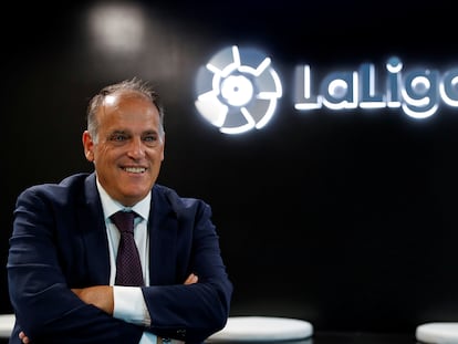 El presidente de LaLiga, Javier Tebas, en la sede de la patronal de clubes, en Madrid.