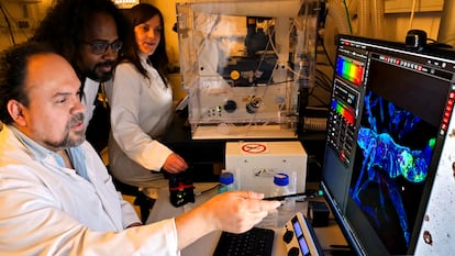 Diego Sepúlveda Falla (izquierda), con sus colegas Nelson Villalba y Lisa Littau, en el Centro Médico Universitario Hamburgo-Eppendorf, en Alemania.