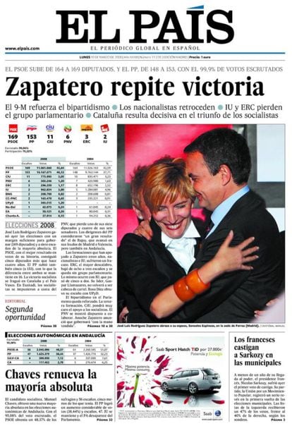 Portada del d&iacute;a despu&eacute;s de las elecciones generales de marzo de 2008. El PSOE vuelve a imponerse y logra la llave del Gobierno central para cuatro a&ntilde;os m&aacute;s.