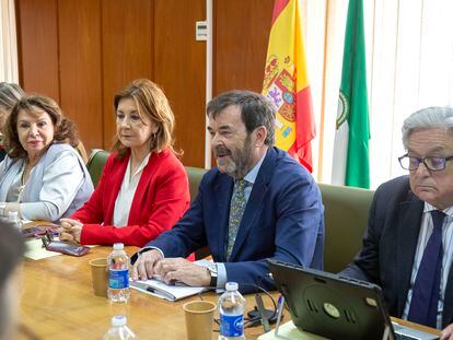El presidente suplente del CGPJ, Vicente Guilarte (en el centro), preside la reunión que la Comisión Permanente del Consejo General del Poder Judicial ha mantenido este jueves en la sede de la Audiencia Provincial de Cádiz.