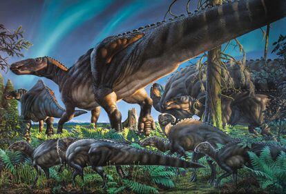 Dibujo de un hadrosaurio, un tipo de dinosaurio que vivió a finales del periodo Cretácico, hace unos 80 millones de años, y fue descubierto en 1858 en Nueva Jersey (EE UU). Los investigadores han descartado que los fósiles hallados en Alaska sean de hadrosaurios, aunque eran parecidos.