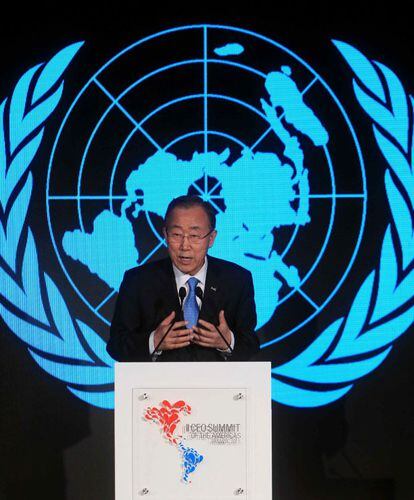 El secretario general de las Naciones Unidas, Ban Ki-Moon, participa del foro empresarial II CEO Summit of the Americas, o Cumbre Empresarial dentro del marco de la VII Cumbre de las Américas.