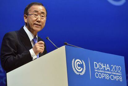 El secretario general de la ONU, Ban Ki-moon, en su intervención este martes en Doha.