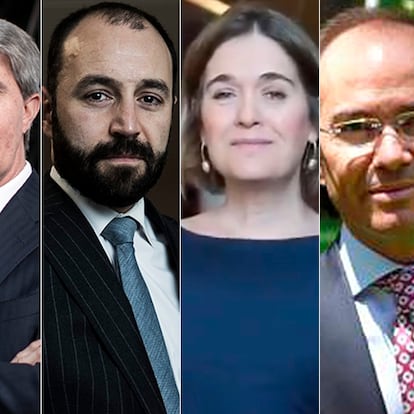 Desde la izquierda, Ignacio Aguado (vicepresidente y Deportes),  Ángel Garrido (Transportes), Manuel Giménez (Economía), Marta Rivera (Cultura), Eduardo Sicilia (Universidades) y Javier Luengo (Políticas Sociales).