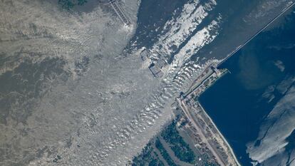 This satellite image provided by Planet Labs PBC shows an overview of the damage on the Kakhovka dam in southern Ukraine on Tuesday, June 6, 2023. Ukraine accused Russian forces Tuesday of blowing up the Kakhovka dam and hydroelectric power station on the Dnieper River in an area that Moscow controls, while Russian officials blamed Ukrainian bombardment in the contested area. It was not possible to verify the claims. (Planet Labs PBC via AP)