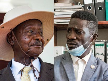 Museveni (izquierda), el actual presidente ugandés, y  Bobi Wine, músico y candidato a las elecciones de este jueves.