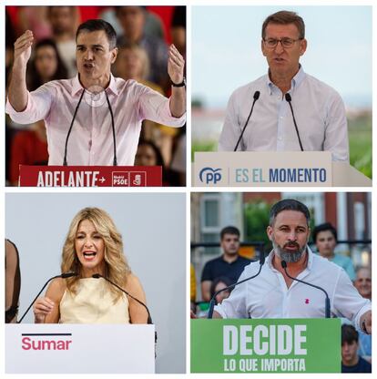 Pedro Sánchez, candidato del PSOE, Alberto Núñez Feijóo del PP; Yolanda Díaz, candidata de Sumar y Santiago Abascal de Vox.
