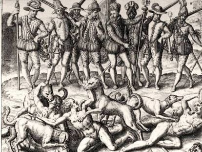 Un conocido grabado de Theodore de Bry (1528-1598) sobre la leyenda negra española y la conquista de América.