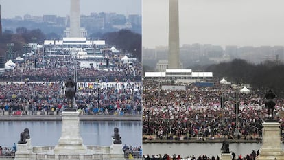 A la izquierda, una vista de la avenida 'National Mall' durante la toma de posesión de Trump y a la derecha la manifestación de este sábado en Washington.